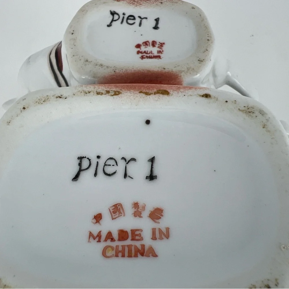 Vintage Pier 1 Set Of 2 Elephant Teapot & Creamer W/ Lids Porcelain Painted